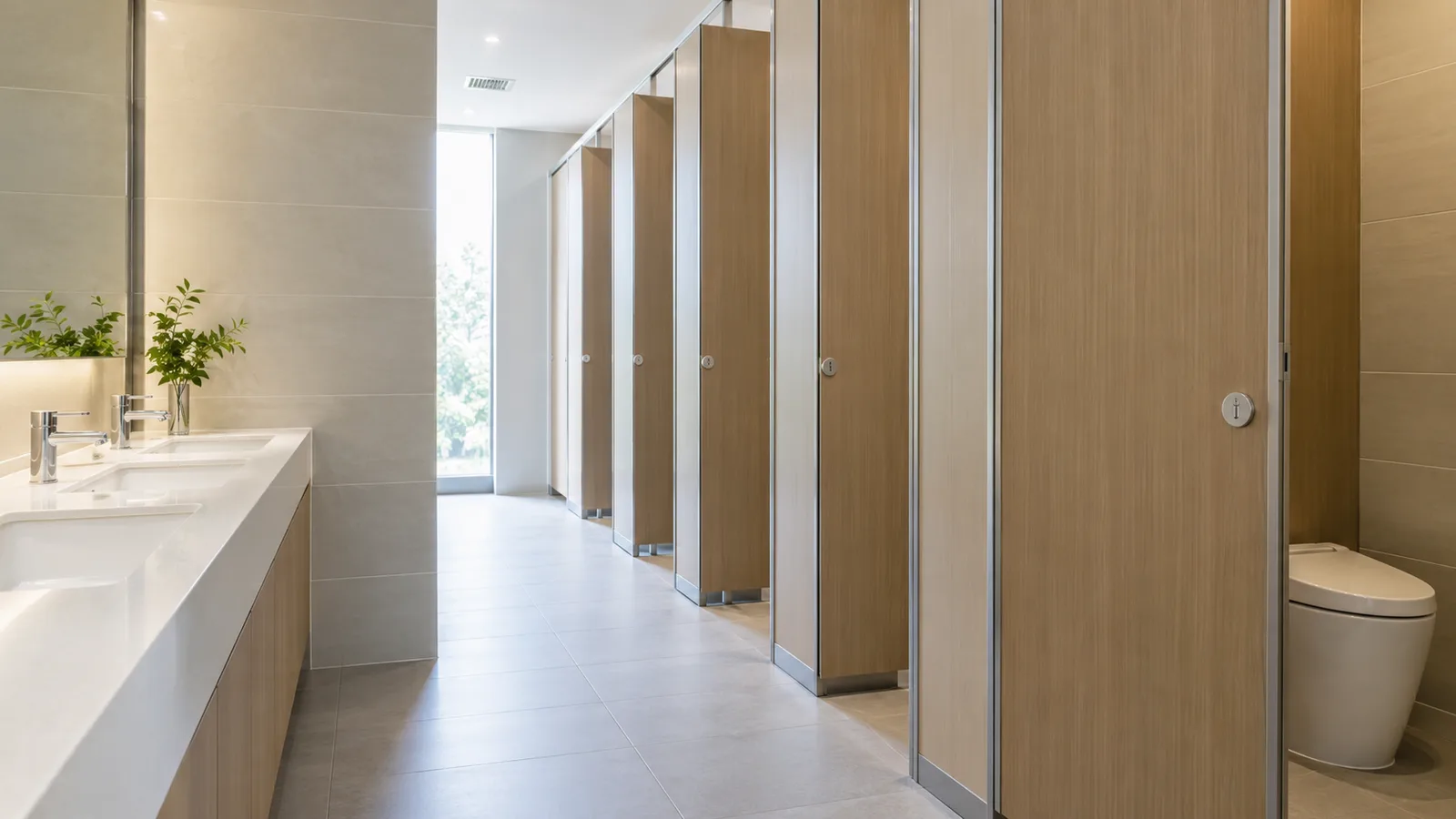 木目調の扉を持つトイレブースが並ぶ様子
