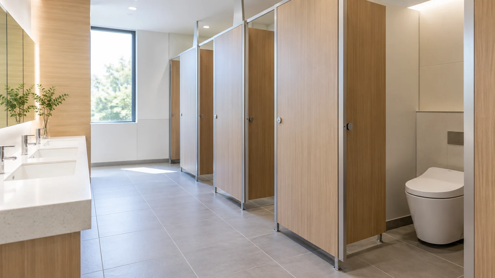 学校のトイレに個室ブースのパーテーションが並ぶ様子